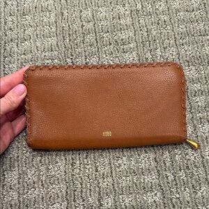 HOBO Tan Leather Clutch with Gold Zipper